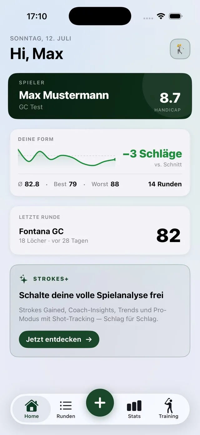 Strokes Home-Screen: Handicap 8.7, Formkurve −3 Schläge, letzte Runde Fontana GC