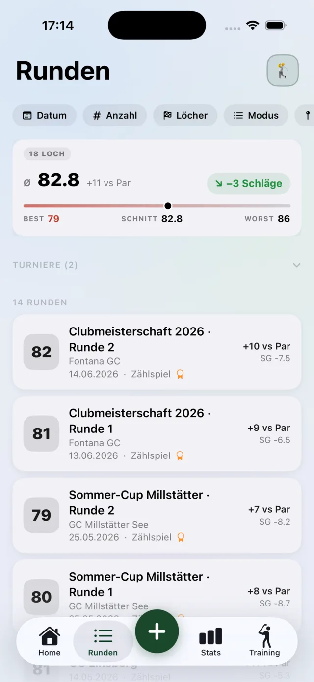 Rundenliste mit Turnieren und Scores