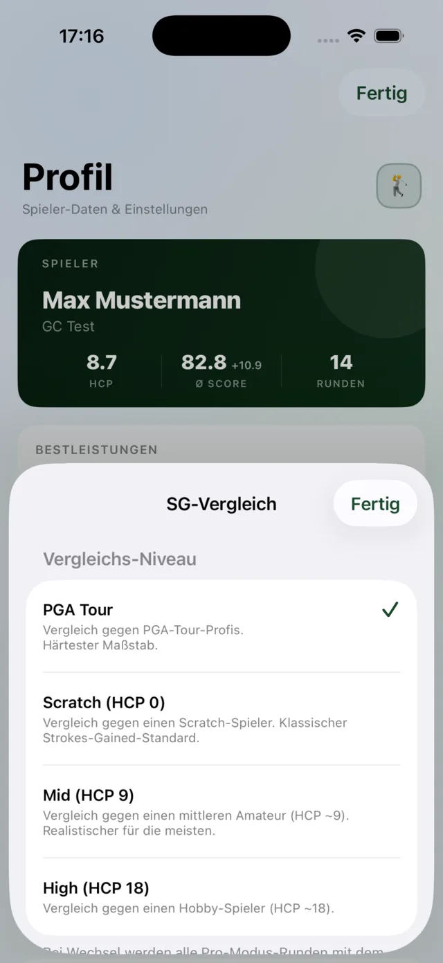 Auswahl des Vergleichs-Niveaus von PGA Tour bis HCP 18